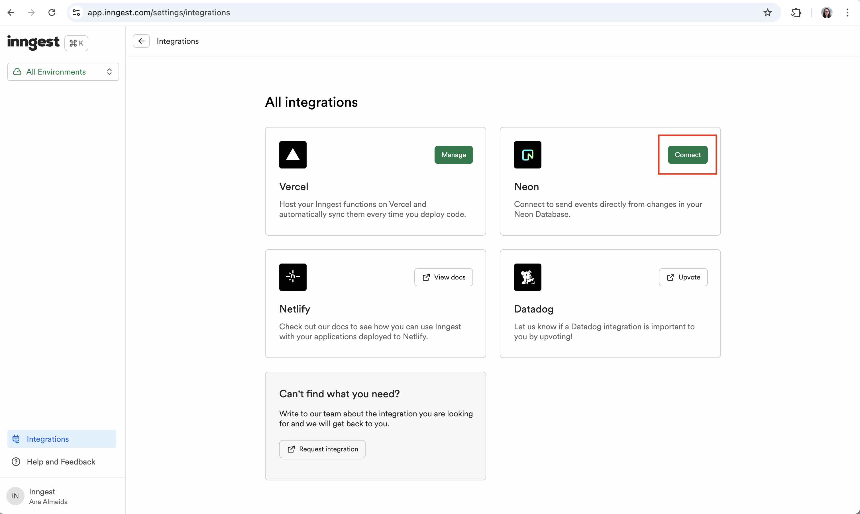 Neon integration card inside the Inngest integrations page