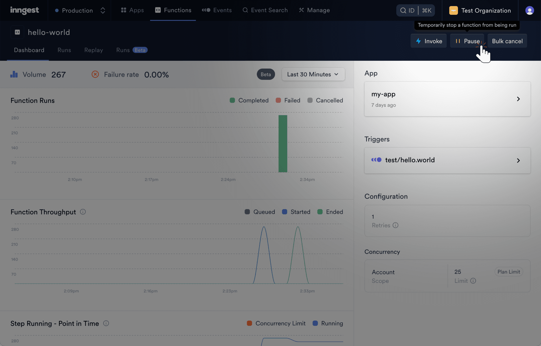 Pause button in Inngest Cloud.