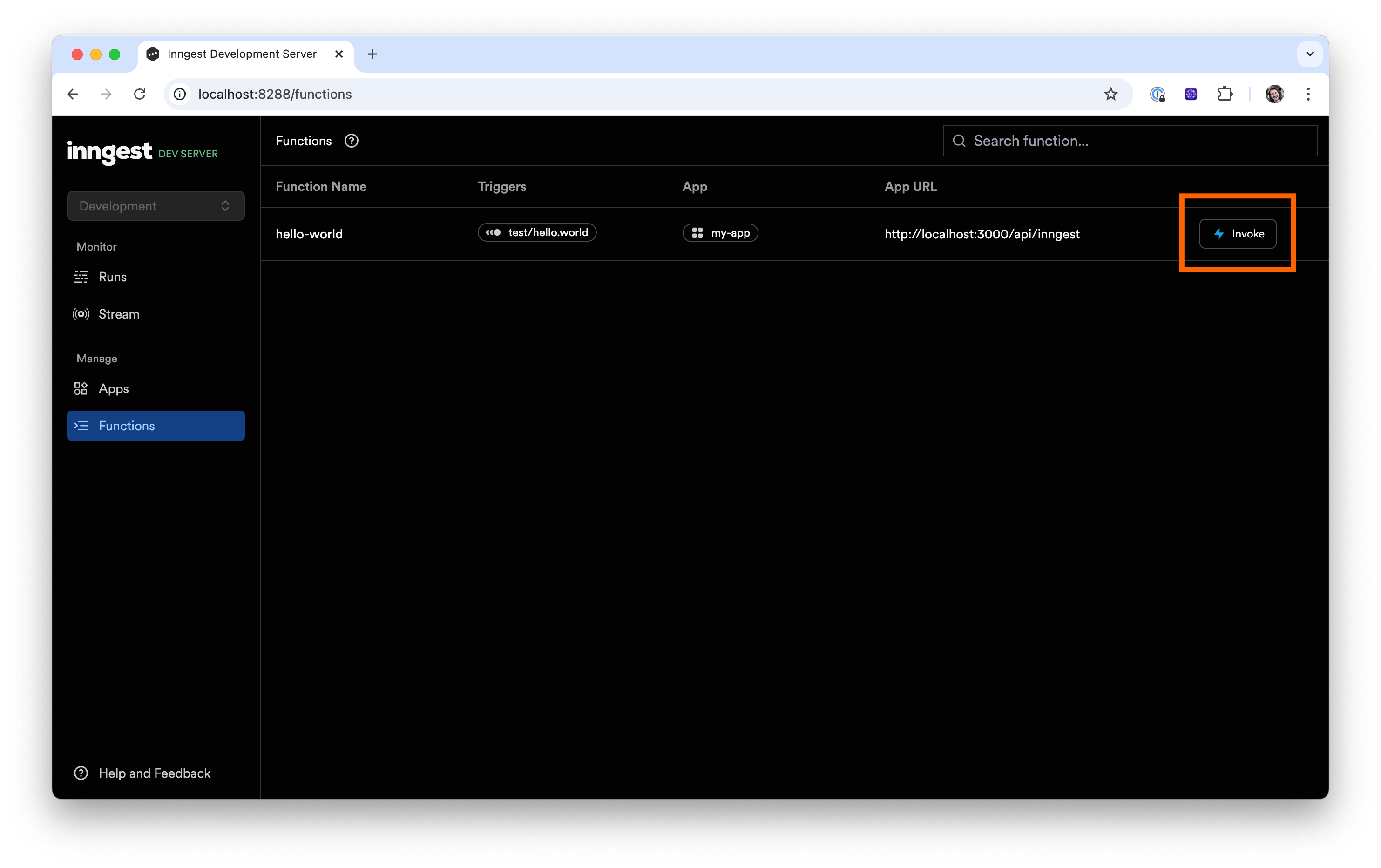 Inngest Dev Server web interface's functions tab with the invoke button highlighted